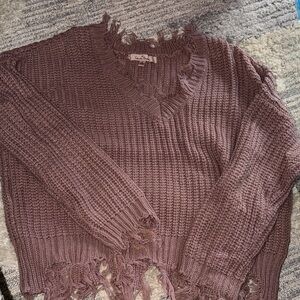 Love Tree Mauve V-Neck Sweater with Fringe